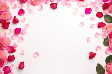 Fresh pink and red rose petals and full blooms bordering a white space, perfect for romantic and floral themes.