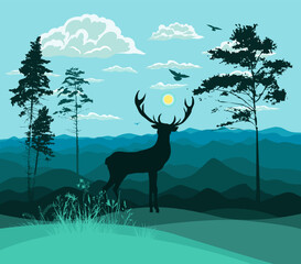 Deer and mountain landscape. Silhouette of animal, trees, grass. Magical misty landscape, fog. Blue and gray illustration. Bookmark. hand drawing. Not A Vector illustration