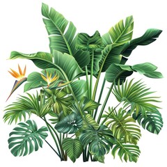 Fototapeta na wymiar A vibrant illustration featuring a dense cluster of various tropical leaves and a striking bird of paradise flower, highlighting the beauty of jungle flora