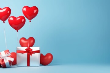 Red heart-shaped balloons and white gifts with red ribbons on a blue background for Valentine's Day.