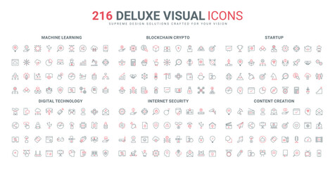 Internet technology for startup growth, development, machine learning line icons set. Cyber shield for personal information, content creation, blockchain thin black and red symbols vector illustration