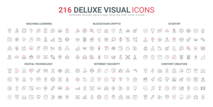 Internet technology for startup growth, development, machine learning line icons set. Cyber shield for personal information, content creation, blockchain thin black and red symbols vector illustration