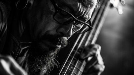 Black and white portrait of a musician playing guitar - obrazy, fototapety, plakaty