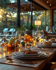 A luxurious dinner table in a pleasant atmosphere. The beautiful scenery makes for a wonderful night. Images like this are often used to post on social media, write blogs or set as wallpaper.
