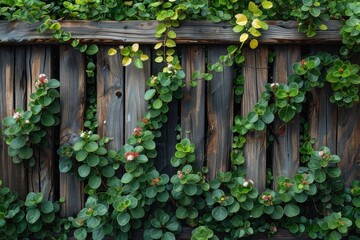 A peaceful and beautiful composition of flowering green leaves covering a seasoned wooden fence - Powered by Adobe