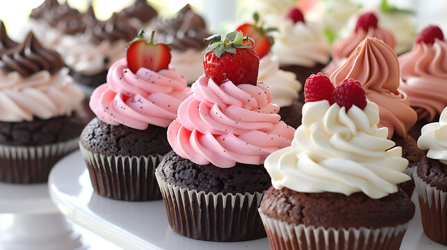 an array of delightful cupcakes, each adorned with various toppings and presented on elegant white stands