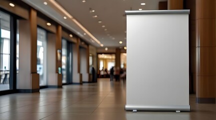 Promotional Roll-Up Mockup: Poster Stand Banner Design with Blank Copy Space in Shopping Center Restaurant Mall Environment for Effective Marketing and Brand Promotion