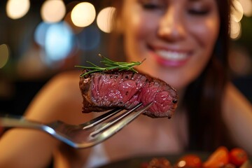 High-definition close-up of a woman enjoying a forkful of tender, succulent steak - obrazy, fototapety, plakaty