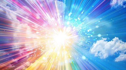 Fototapeta premium an explosion of brilliant light, radiating outward against a backdrop of clear blue sky and scattered white clouds.