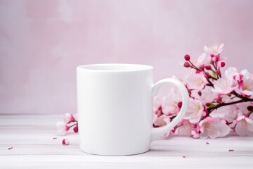 Blank white mug ready for customization, surrounded by delicate spring blossoms on a soft background.
