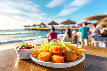 Fototapeta na wymiar Chicken Nuggets mit Pommes im Hintergrund Beachbar und Strand 
