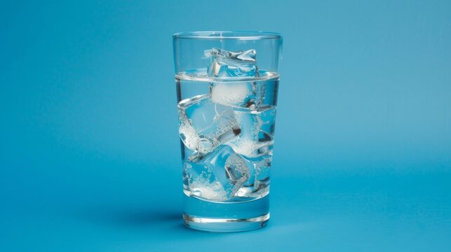 A clear glass on a blue background is filled with ice cubes. The glass is three-quarters full, and the ice cubes are floating in the water. The background is a bright blue.