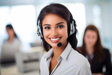 Customer support woman wearing a headset smiling