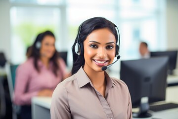 Customer support woman wearing a headset smiling