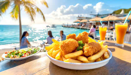 Chicken Nuggets mit Pommes im Hintergrund Beachbar und Strand 