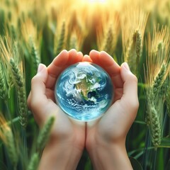 Hands Holding Globe Glass In Green Field - Environment Concept 