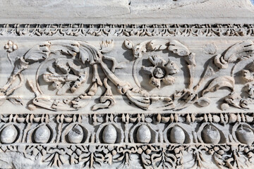 Detailed marble relief carving, floral pattern, typical ornament, art of Roman Empire. Pergamon...