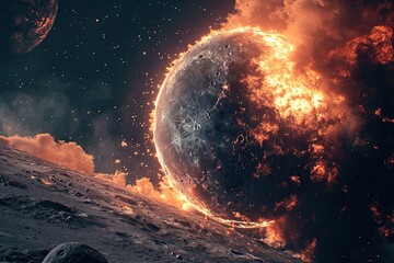 The moon satellite explodes in space, surreal landscape