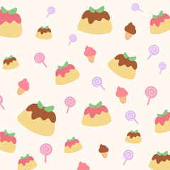 seamless pattern of ice cream, pudding and lolipop candy on soft yellow background