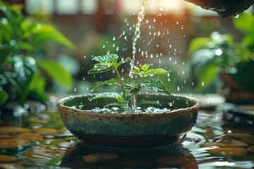 A young mint plant flourishing under a gentle pour of water in a serene garden setting with a Zen-like atmosphere - obrazy, fototapety, plakaty