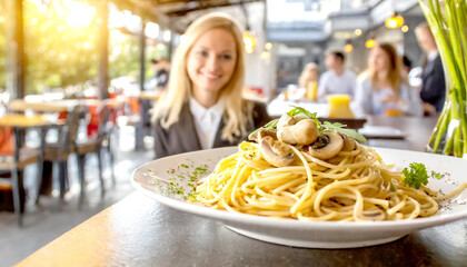 Spaghetti mit Champignons, im Hintergrund ein Restaurant mit Gästen  - obrazy, fototapety, plakaty