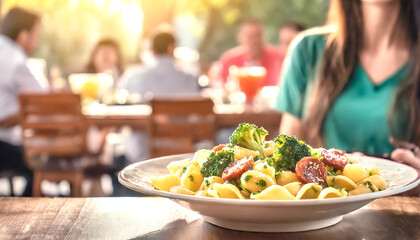 Orecchiette mit Brokkoli und Salsiccia, im Hintergrund ein Restaurant mit Gästen 