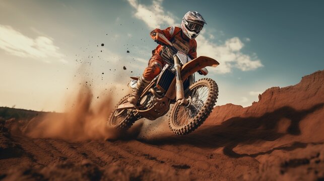 Dirt bike rider doing a big jump. Supercross, motocross, high speed. Sport.