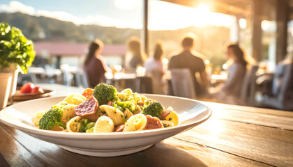 Orecchiette mit Brokkoli und Salsiccia, im Hintergrund ein Restaurant mit Gästen  - obrazy, fototapety, plakaty