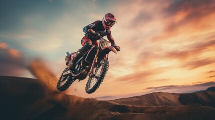 Dirt bike rider doing a big jump. Supercross, motocross, high speed. - obrazy, fototapety, plakaty