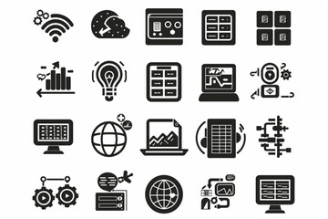 Data analytics icon set. Big data analysis technology symbol. Containing database, statistics, analytics, server, monitoring, computing and network icons. Solid icons vector collection vector icon, wh