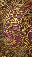Detailed close up view of a metallic object with intricate patterns and textures