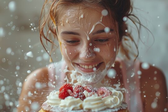 A cheerful young girl with cake and cream splash, depicting joyful indulgence and playfulness