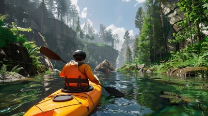 Man Kayaking in Scenic Forest River at Daytime