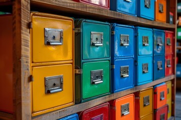 An array of brightly colored metal cabinets neatly organized on shelves, each with a distinct hue and metallic latch