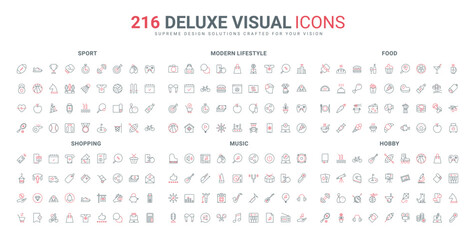 Modern lifestyle line icons set. Craft hobby and travel, fitness sports in gym, order and delivery from online store, healthy food menu thin black and red outline symbols vector illustration