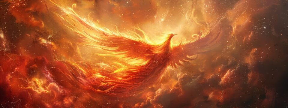 Phoenix bird fire fantasy firebird abstract magic 3D eagle animal. Phoenix bird fire tale character illustration render hawk fairy wings graphic feather gold background fenix logo icon red art pheonix