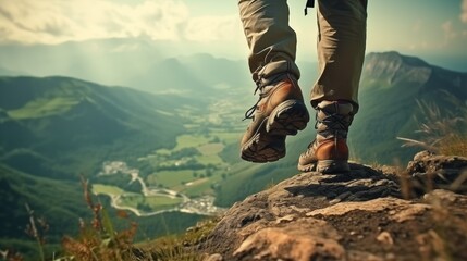 focus on shoes of cropping, people hiker in the mountains.