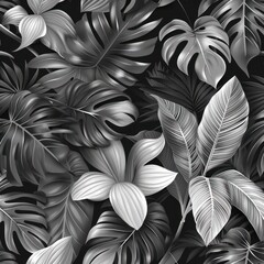 This image features a sleek monochrome design depicting various tropical leaves and foliage with a modern and stylish feel to it