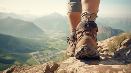 focus on shoes of cropping, people hiker in the mountains. - obrazy, fototapety, plakaty