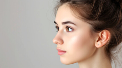 Naklejka premium Portrait of a young woman with brown hair and green eyes, wearing a white shirt and nose piercing.