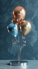 3D render Vibrant blue podium, glossy finish, single spotlight Metallic balloons gold, silver, rose gold with ribbons blue background gradient Focuses on lighting, balloons