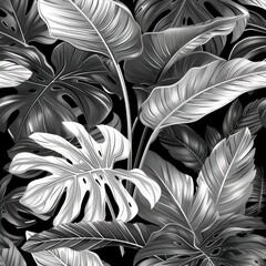 A stunning graphic representation of tropical leaves in a monochrome palette, showcasing intricate details and artistic shading