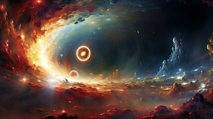 Black hole, surrounded by nebulae, galaxy and universe.