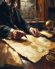 Closeup vintage painting Central bankers hands turn pages of Monetary Policy Decisions document Quill pen and inkwell World map with annotations Warm window light , High detail, High resolution,