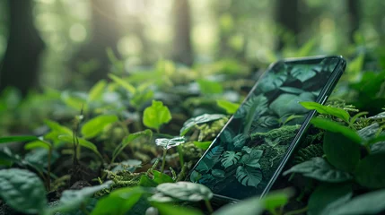 Stof per meter Photorealistic closeup Smartphone with carbon footprint app blue progress bar, ecofriendly activity list Lush green forest in background , High detail, High resolution, © ANNetz_PK