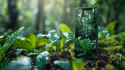 Photorealistic closeup Smartphone with carbon footprint app blue progress bar, ecofriendly activity list Lush green forest in background , High detail, High resolution, - obrazy, fototapety, plakaty