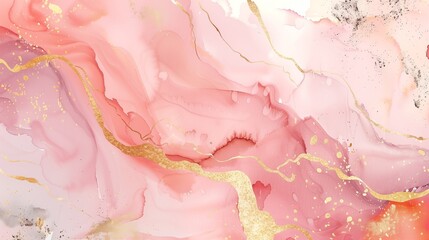 Alcohol ink painting. Blush pink and gold marble background with watercolor textures. Beautiful and elegant, with golden cracks on the surface. Generated by artificial intelligence.