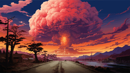 Illustration of a bomb explosion on a town, vector art - obrazy, fototapety, plakaty