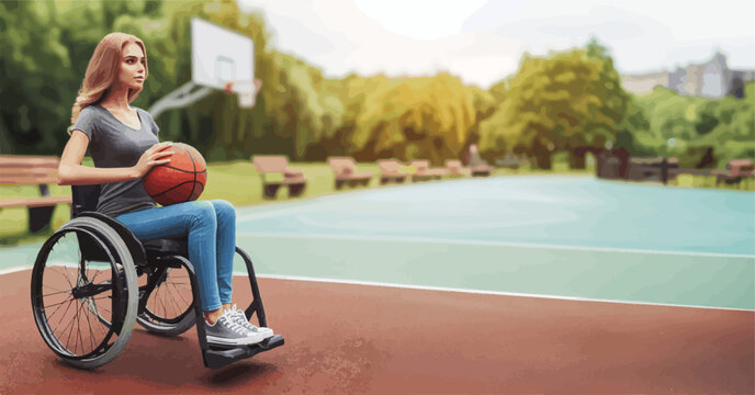 Young lady in a wheelchair playing basketball, copy space vector art