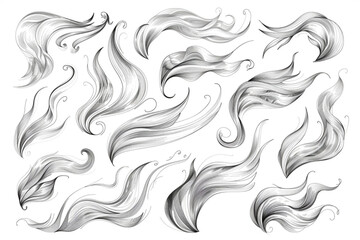 Doodle wind line sketch set. Hand drawn doodle wind motion, air blow, swirl elements. Sketch drawn air blow motion, smoke flow art, abstract line. Isolated vector illustration vector icon, white backg